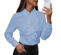 FWSHANGMAO Women Vintage Victorian Frilly Ruffle Shirt Blouse Elegant Button Down Long Sleeve Blouse Tops Classic Solid Formal Lapel Collar Blouse Work Tops Light Blue XL