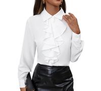 FWSHANGMAO Women Vintage Victorian Frilly Ruffle Shirt Blouse Elegant Button Down Long Sleeve Blouse Tops Classic Solid Formal Lapel Collar Blouse Work Tops White L
