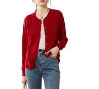 FWSHANGMAO Women's 95% Cashmere Cardigan Casual Knit Cardigan Round Neck Pure Cashmere Sweater Button Cardigan Long Sleeves Elegant Wool Jumper Cardigan Knitwear Basic Tops for Women Red L