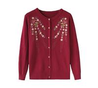 FWSHANGMAO Womens Cardigan Long Sleeve Lightweight Cardigans Sweater Middle-Aged Elderly Women Embroidered Cardigans Jacket Top Elastic Lightweight Daily Knitwear Burgundy L