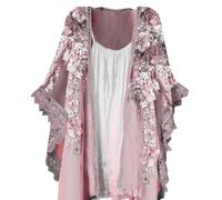 FWSHANGMAO Women'S Cardigans, Women'S Elegant Open Front Pink Chiffon Cardigan Lace Print Coat Top Boho Summer Cardigans Casual Kimono Blouse Shrugs For Weddings Bolero For Dress,3Xl