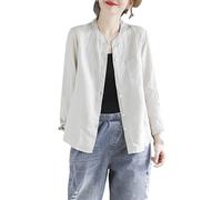 FWSHANGMAO Womens Cotton Linen Shirts Casual Long Sleeve Mandarin Collar Button-Down Blouse Shirt Ladies Lightweight Breathable Office Work Loose Tunic Tops Hemp Xs