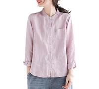 FWSHANGMAO Womens Cotton Linen Shirts Casual Long Sleeve Mandarin Collar Button-Down Blouse Shirt Ladies Lightweight Breathable Office Work Loose Tunic Tops Pink Xs
