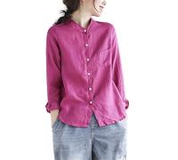 FWSHANGMAO Womens Cotton Linen Shirts Casual Long Sleeve Mandarin Collar Button-Down Blouse Shirt Ladies Lightweight Breathable Office Work Loose Tunic Tops Rose Red L