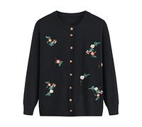 FWSHANGMAO Women'S Crewneck Flowers Cardigan,Old Lady Casual Top Mother'S Wear Cardigan Vintage Embroidered Floral Jacket Ladies Casual Jumper For Autumn Winter Gift,Black,S