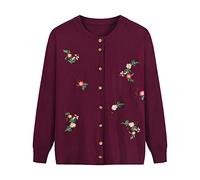 FWSHANGMAO Women'S Crewneck Flowers Cardigan,Old Lady Casual Top Mother'S Wear Cardigan Vintage Embroidered Floral Jacket Ladies Casual Jumper For Autumn Winter Gift,Burgundy,S