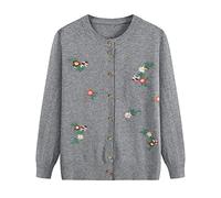 FWSHANGMAO Women'S Crewneck Flowers Cardigan,Old Lady Casual Top Mother'S Wear Cardigan Vintage Embroidered Floral Jacket Ladies Casual Jumper For Autumn Winter Gift,Grey,M