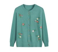 FWSHANGMAO Women'S Crewneck Flowers Cardigan,Old Lady Casual Top Mother'S Wear Cardigan Vintage Embroidered Floral Jacket Ladies Casual Jumper For Autumn Winter Gift,Green,S