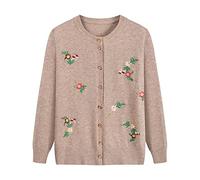 FWSHANGMAO Women'S Crewneck Flowers Cardigan,Old Lady Casual Top Mother'S Wear Cardigan Vintage Embroidered Floral Jacket Ladies Casual Jumper For Autumn Winter Gift,Beige,L