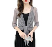 FWSHANGMAO Womens Half Sleeve Sparkle Bolero Cropped Cardigan Front Tie Knot Shrug Top, Evening Bolero Jacket Open Shiny Glitter Party Blazer for Dresses Casual Grey L