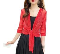FWSHANGMAO Womens Half Sleeve Sparkle Bolero Cropped Cardigan Front Tie Knot Shrug Top, Evening Bolero Jacket Open Shiny Glitter Party Blazer for Dresses Casual Red L