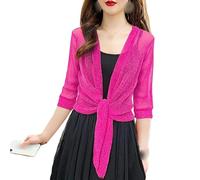 FWSHANGMAO Womens Half Sleeve Sparkle Bolero Cropped Cardigan Front Tie Knot Shrug Top, Evening Bolero Jacket Open Shiny Glitter Party Blazer for Dresses Casual Rose Red S