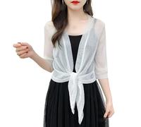 FWSHANGMAO Womens Half Sleeve Sparkle Bolero Cropped Cardigan Front Tie Knot Shrug Top, Evening Bolero Jacket Open Shiny Glitter Party Blazer for Dresses Casual White S