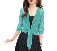 FWSHANGMAO Womens Half Sleeve Sparkle Bolero Cropped Cardigan Front Tie Knot Shrug Top, Evening Bolero Jacket Open Shiny Glitter Party Blazer for Dresses Casual Green L