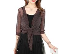 FWSHANGMAO Womens Half Sleeve Sparkle Bolero Cropped Cardigan Front Tie Knot Shrug Top, Evening Bolero Jacket Open Shiny Glitter Party Blazer for Dresses Casual Brown Xl