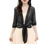 FWSHANGMAO Womens Half Sleeve Sparkle Bolero Cropped Cardigan Front Tie Knot Shrug Top, Evening Bolero Jacket Open Shiny Glitter Party Blazer for Dresses Casual Black Xl