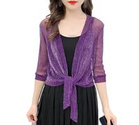 FWSHANGMAO Womens Half Sleeve Sparkle Bolero Cropped Cardigan Front Tie Knot Shrug Top, Evening Bolero Jacket Open Shiny Glitter Party Blazer for Dresses Casual Purple Xl