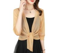 FWSHANGMAO Womens Half Sleeve Sparkle Bolero Cropped Cardigan Front Tie Knot Shrug Top, Evening Bolero Jacket Open Shiny Glitter Party Blazer for Dresses Casual Yellow M