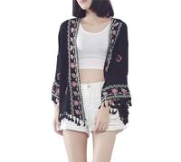 FWSHANGMAO Women'S Kimono Cardigan,Bohemian Floral Embroidered Jacket With Pom-Pom 3/4 Sleeve Linen Bikini Sarong Shawl Tops For Lady Beach Vacation S Black