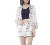 FWSHANGMAO Women'S Kimono Cardigan,Bohemian Floral Embroidered Jacket With Pom-Pom 3/4 Sleeve Linen Bikini Sarong Shawl Tops For Lady Beach Vacation L White