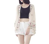 FWSHANGMAO Women'S Kimono Cardigan,Bohemian Floral Embroidered Jacket With Pom-Pom 3/4 Sleeve Linen Bikini Sarong Shawl Tops For Lady Beach Vacation M Beige