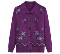 FWSHANGMAO Women'S Knit Cardigans Jumpers With Two Pockets,Elegant Floral Embroidery Jacket Autumn Winter Knitted Sweater For Middle-Aged Ladies Knitwear,Purple,L