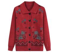 FWSHANGMAO Women'S Knit Cardigans Jumpers With Two Pockets,Elegant Floral Embroidery Jacket Autumn Winter Knitted Sweater For Middle-Aged Ladies Knitwear,Red,L