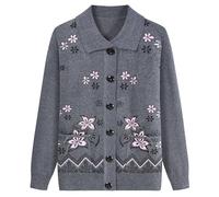 FWSHANGMAO Women'S Knit Cardigans Jumpers With Two Pockets,Elegant Floral Embroidery Jacket Autumn Winter Knitted Sweater For Middle-Aged Ladies Knitwear,Grey,Xxl