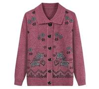 FWSHANGMAO Women'S Knit Cardigans Jumpers With Two Pockets,Elegant Floral Embroidery Jacket Autumn Winter Knitted Sweater For Middle-Aged Ladies Knitwear,Pink,L