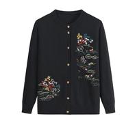 FWSHANGMAO Womens Knitted Cardigans With Floral Embroidery,Cable Knitted Cardigan Vintage Old Lady Casual Top Crew Neck Grandma Casual Jumper,Black,L