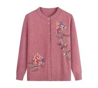 FWSHANGMAO Womens Knitted Cardigans With Floral Embroidery,Cable Knitted Cardigan Vintage Old Lady Casual Top Crew Neck Grandma Casual Jumper,Pink,L