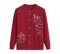 FWSHANGMAO Womens Knitted Cardigans With Floral Embroidery,Cable Knitted Cardigan Vintage Old Lady Casual Top Crew Neck Grandma Casual Jumper,Red,M