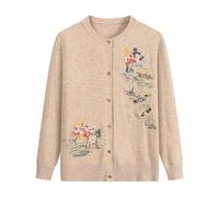 FWSHANGMAO Womens Knitted Cardigans With Floral Embroidery,Cable Knitted Cardigan Vintage Old Lady Casual Top Crew Neck Grandma Casual Jumper,Beige,M