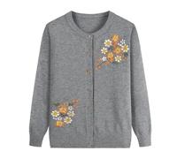 FWSHANGMAO Women'S Lightweight Cardigan Jumper,Middle-Aged Ladies Floral Embroidery Inlay Jacket Mature Lady Elegant Knitted Sweater Elderly Women Mother Wear,Grey,S