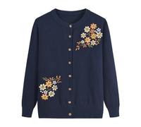 FWSHANGMAO Women'S Lightweight Cardigan Jumper,Middle-Aged Ladies Floral Embroidery Inlay Jacket Mature Lady Elegant Knitted Sweater Elderly Women Mother Wear,Navy,S