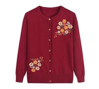FWSHANGMAO Women'S Lightweight Cardigan Jumper,Middle-Aged Ladies Floral Embroidery Inlay Jacket Mature Lady Elegant Knitted Sweater Elderly Women Mother Wear,Red,S