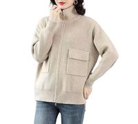 FWSHANGMAO Women'S Long Sleeve Open Front Cardigans Striped Fine-Knit Jacket Vintage Beige Knitted Sweater Stand Collar Zip Up Elastic Sweater Cable Knitted Jacket Autumn Winter,Xl