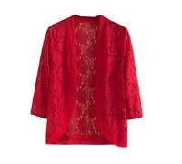 FWSHANGMAO Womens Open Front Lace Shrug Bolero Cardigan, 3/4 Sleeve Cover Up Evening Jacket Blouse Curved Hem for Weddings Brides Bridesmaids Evening Dresses Red S