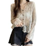 FWSHANGMAO Women's Shrugs, Summer Crochet Short Coat Floral Lace Shrug V-Neck Jacket Women's Long Sleeve Shrug Elegant Cardigan Shoulder Jacket See Through Open Front Cover-Up for Wedding,Beige,M