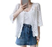 FWSHANGMAO Women's Shrugs,Women's Bolero Shrug 3/4 Sleeve Short Cardigan Stylish Floral Lace Blouse Jacket Sexy Crochet Jacket Open Front Festival Jacket Beach Cover Ups for Dresses,White,S