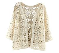 FWSHANGMAO Women's Shrugs,Women's Bolero Shrug Short Cardigan 3/4 Sleeves Crochet Lace Blouse Jacket Front Tie Cardigan Open Front Boho Festival Jacket Elegant Beach Cover-Ups for Dresses,Beige,XL