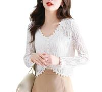 FWSHANGMAO Women's Shrugs,Women's Long Sleeve Shrug Summer Crochet Floral Lace Bolero Cardigan V Neck Mesh Jacket Short Button Elegant Shoulder Jacket See Through Cover-Up for Dresses,White,S
