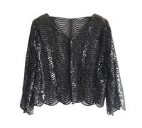 FWSHANGMAO Womens Sparkly Sequin Bolero Shrug 3/4 Flare Sleeve Cropped Cardigan Vintage Lace Shrug Scallop Hem Open Front Bolero Cardigan for Party Evening Dresses Black One Size