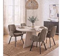 Fwstyle 120Cm Round Travertine Dining Table With 4 Brown Swivel Dining Chairs In Beige Beige