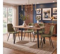 FWStyle 120x70cm Oak Dining Table Set With 4 Green Linen Dining Chairs in Brown | Size: 120x70 cm FWStyle Brown 120x70 cm