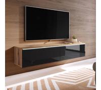 Fwstyle 2 Door Wotan Oak & Black Gloss Wall Mounted Tv Media Unit In Brown Brown One Size