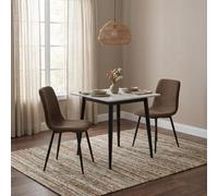 Fwstyle 3 Piece Cream Marble Effect Stone Square Dining Table & Dark Brown Chairs Set