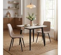 Fwstyle 3 Piece Cream Marble Effect Stone Square Dining Table & Light Brown Chairs Set