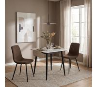 Fwstyle 3Pc Cream Marble Effect Square Dining Table & Dark Brown Chairs Set Brown