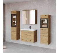 FWStyle 5 Piece Artisan Oak Wall Mounted Full Bathroom Furniture Set in Brown FWStyle Brown